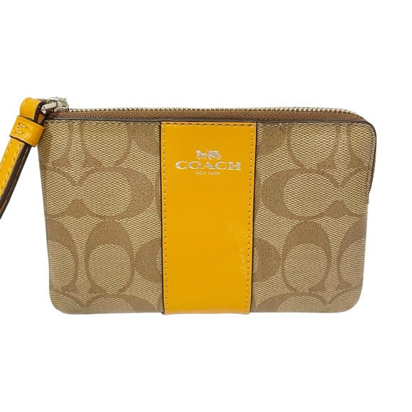 Coach Corner Zip Wristlet In Signature Canvas Wallet Brown Yellow - Picture 1 of 4